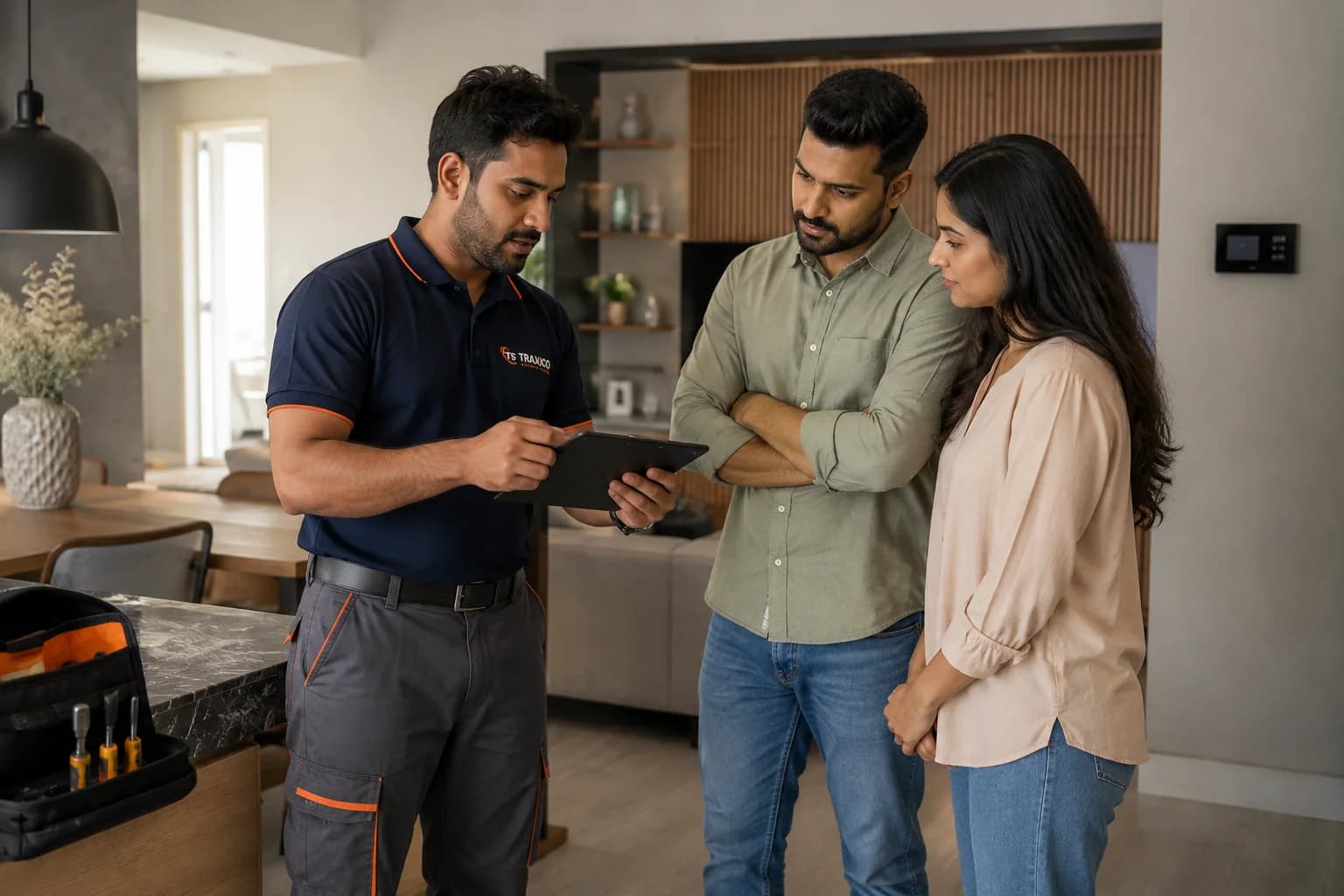 A TRAXICO technician showing a tablet to a couple in their home while going through what needs doing