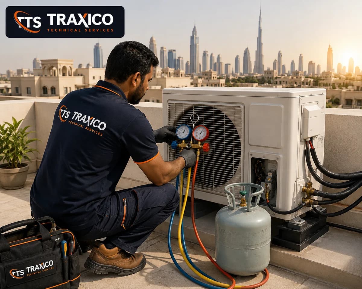 Pressure gauges connected to an AC outdoor unit during a nitrogen leak test