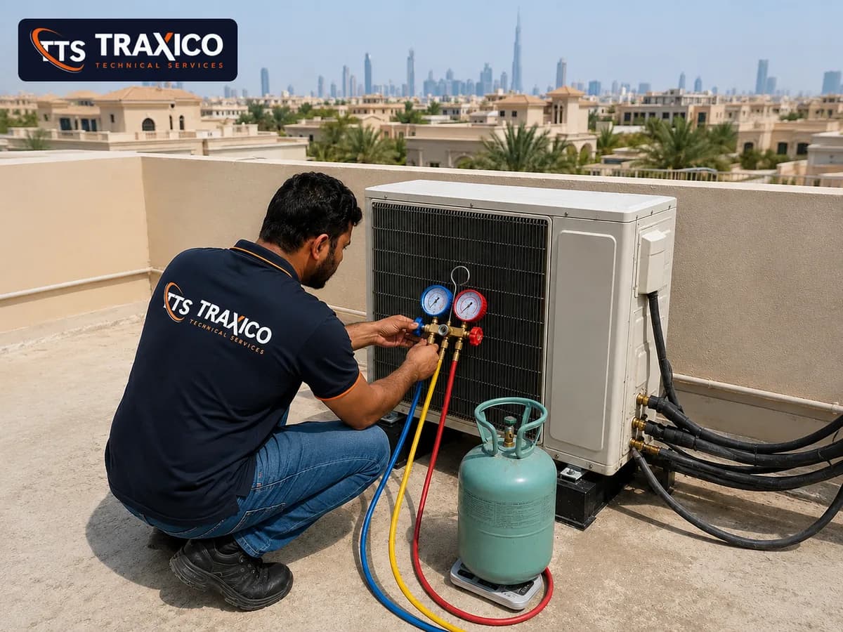 Refrigerant cylinder standing on electronic weighing scales beside an AC unit