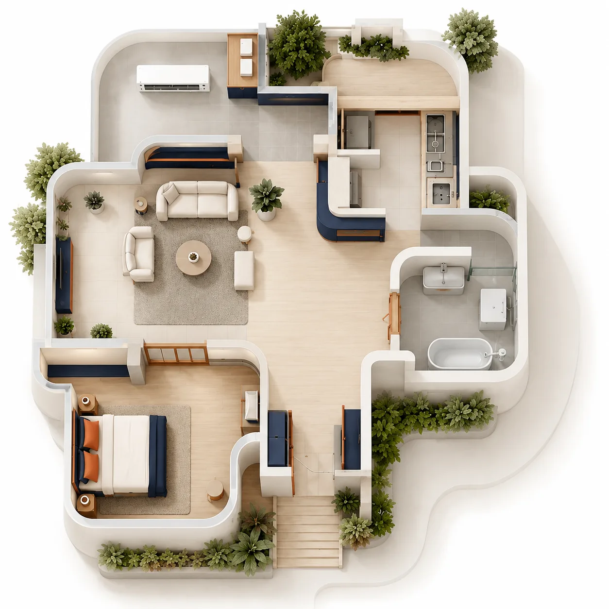 Plan view of a home showing the living room, kitchen, bathroom, bedroom and balcony
