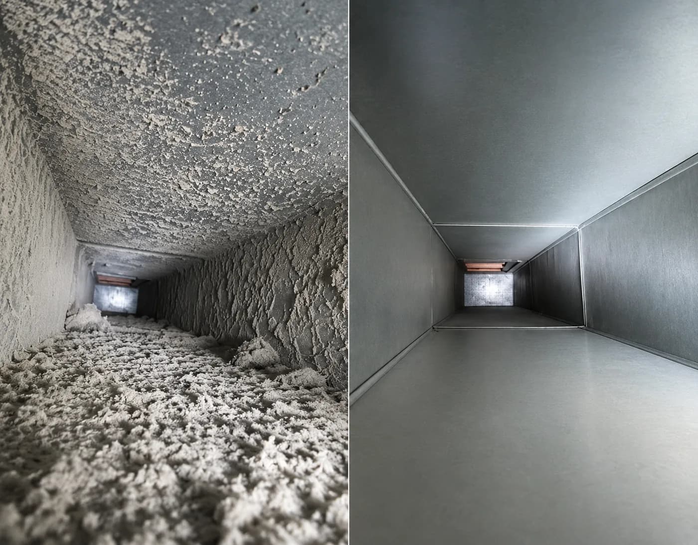 Dubai AC duct thick with dust before cleaning, and the same duct clean and bare metal after