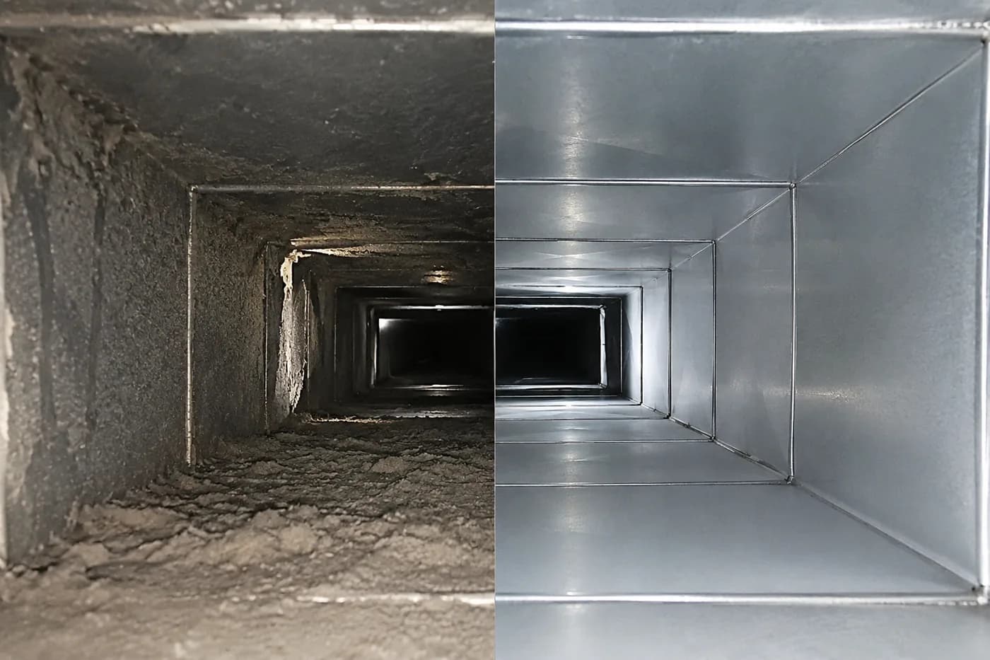 Split view of a dirty AC duct on the left and the same duct cleaned on the right