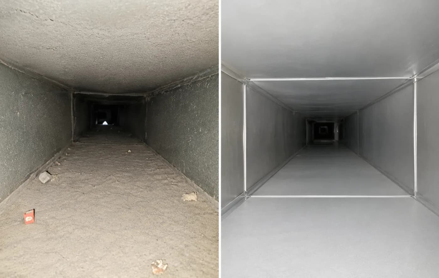 AC duct with building debris and dust on the floor of it, and the same duct clear after cleaning