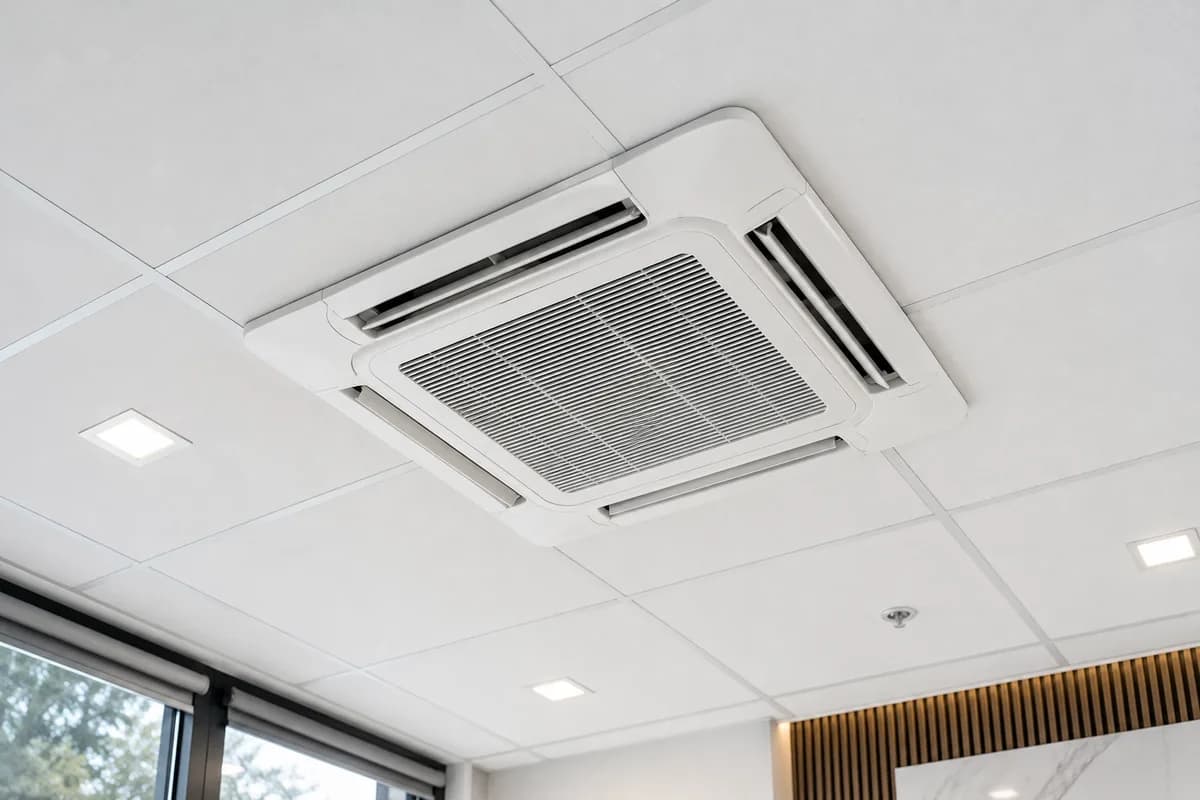 A ceiling cassette air conditioning grille set into a suspended ceiling