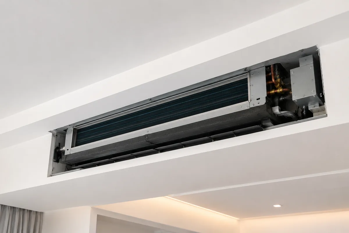 A concealed fan coil unit above a ceiling with ductwork attached