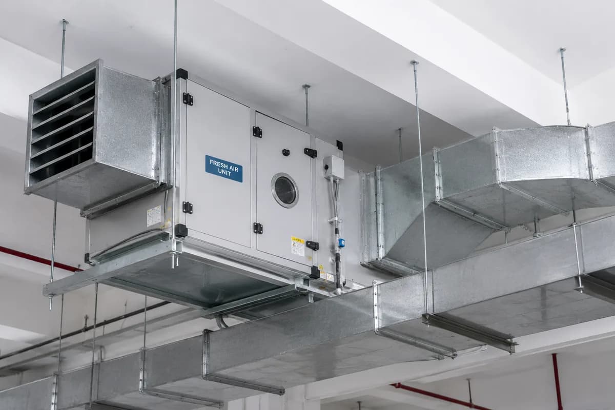 A fresh air handling unit with ductwork connected