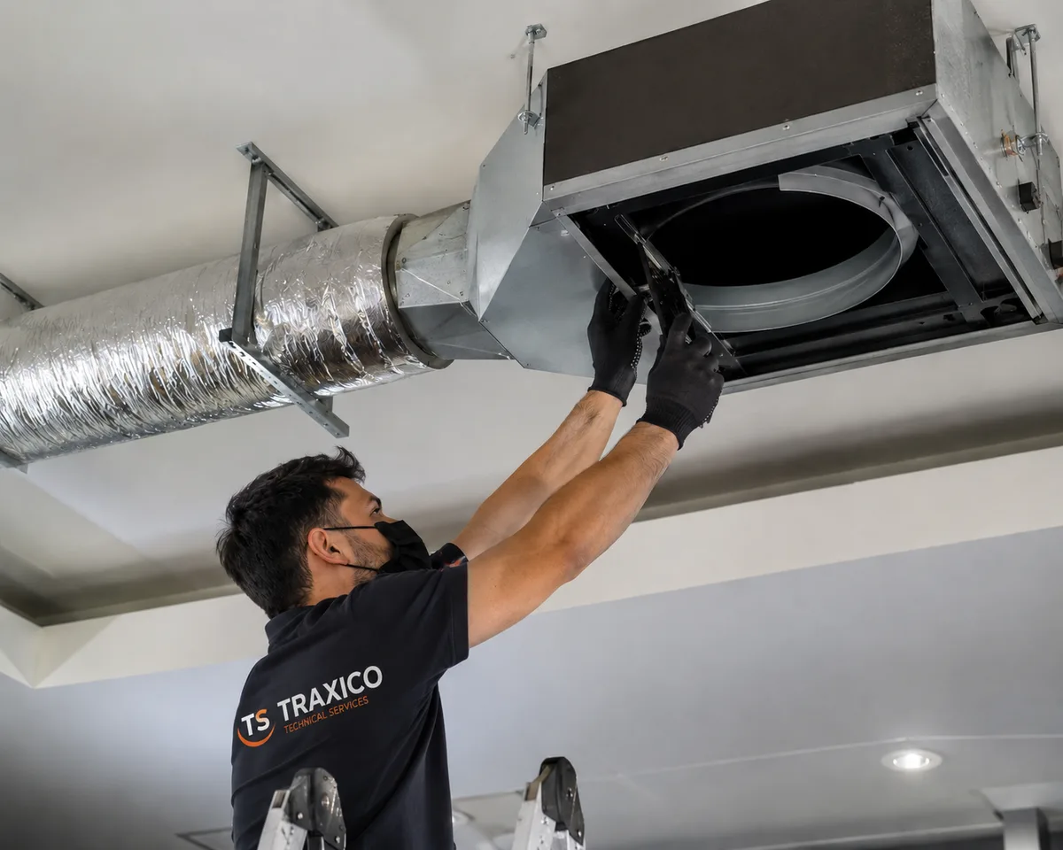 A TRAXICO technician reaching into a ceiling duct connection, with flexible ducting running alongside it