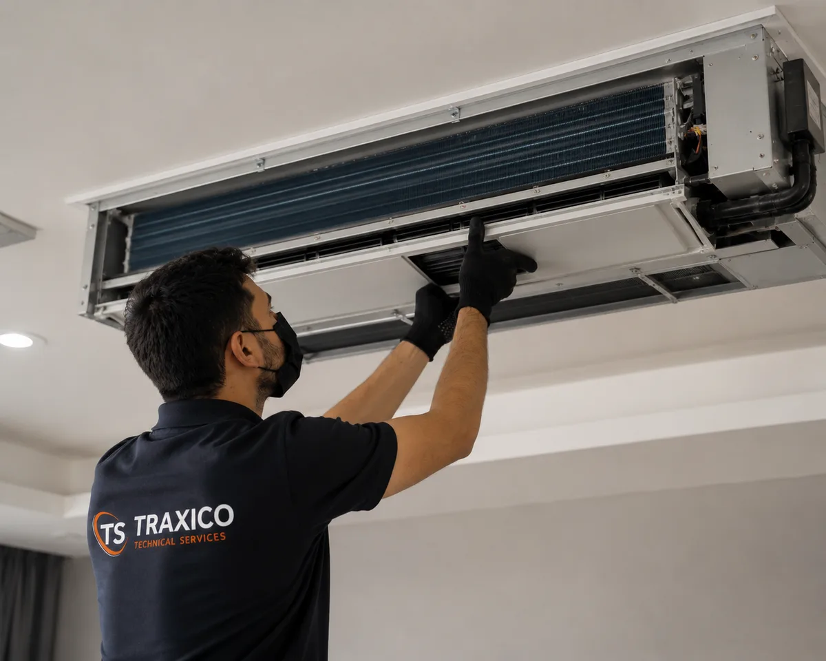 A TRAXICO technician opening a ceiling mounted fan coil unit to reach the coil inside