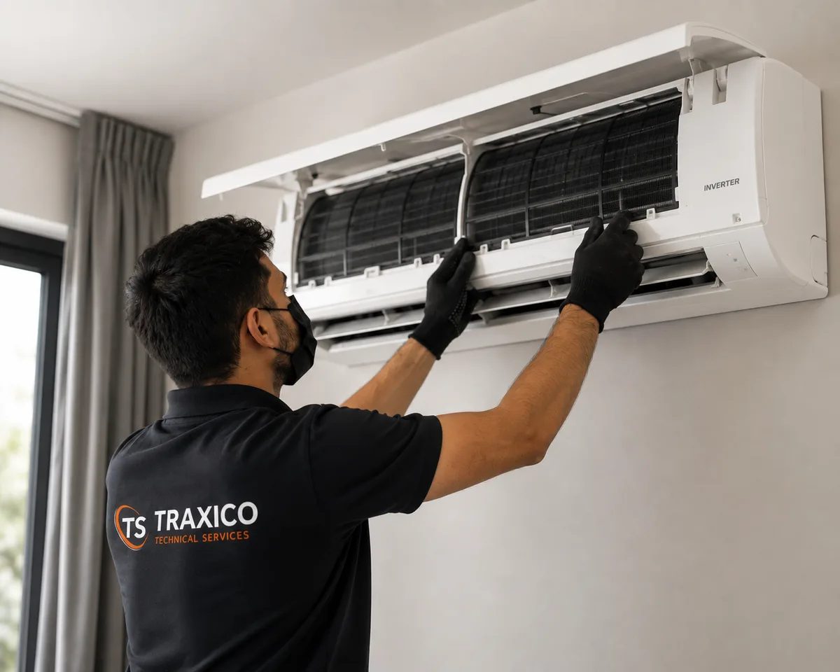 A TRAXICO technician lifting the filters out of a wall mounted inverter split unit