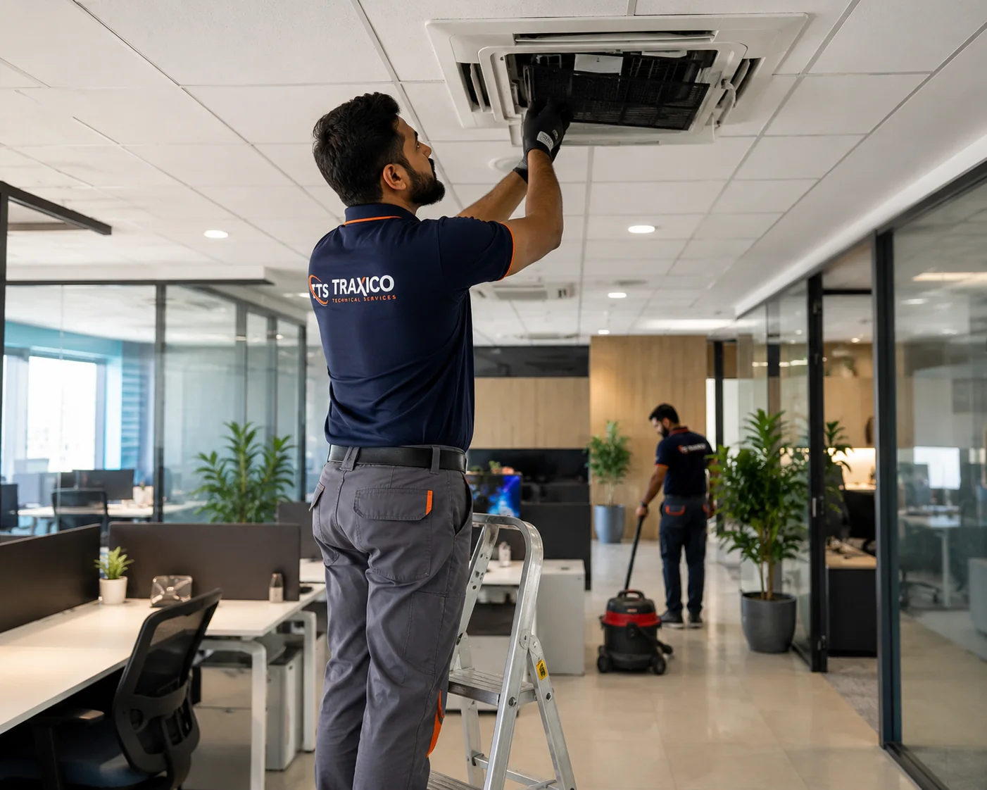 A TRAXICO technician on a step ladder opening a ceiling cassette AC unit in an open plan office, with a colleague vacuuming behind him