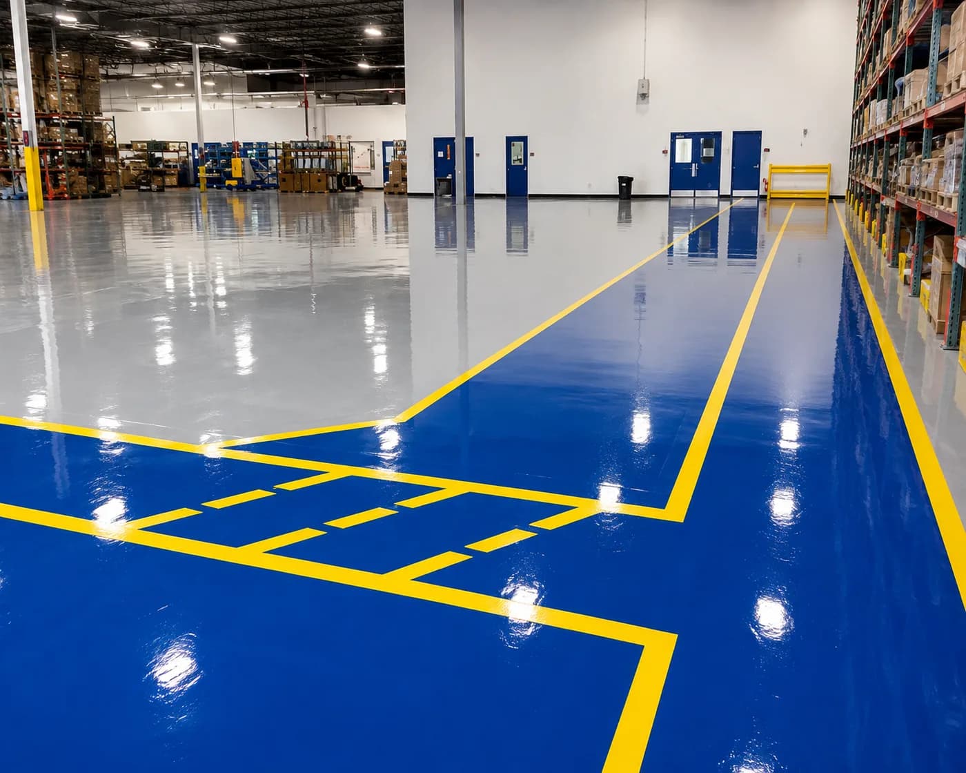The same warehouse floor coated in grey and blue with fresh yellow line markings