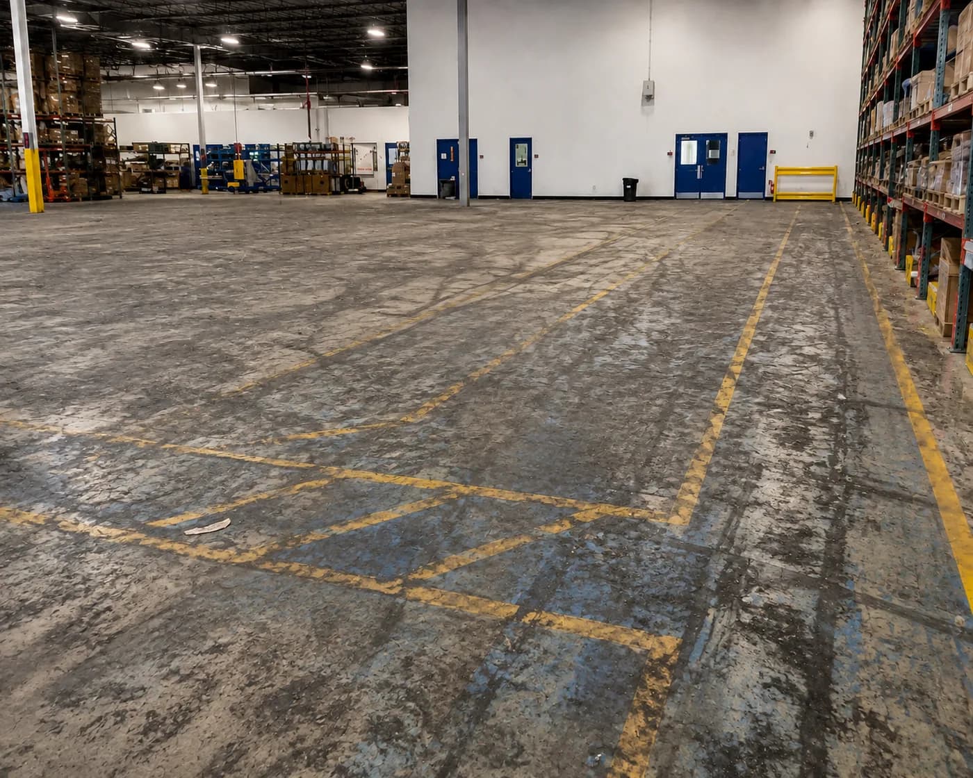 A worn warehouse floor with faded line markings and staining