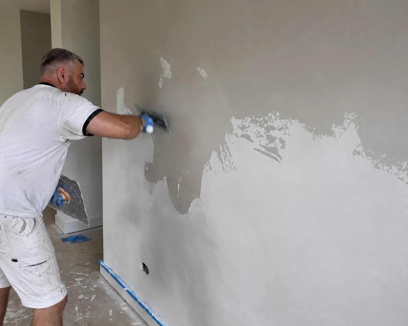 A painter spreading polished plaster across a wall with a steel trowel