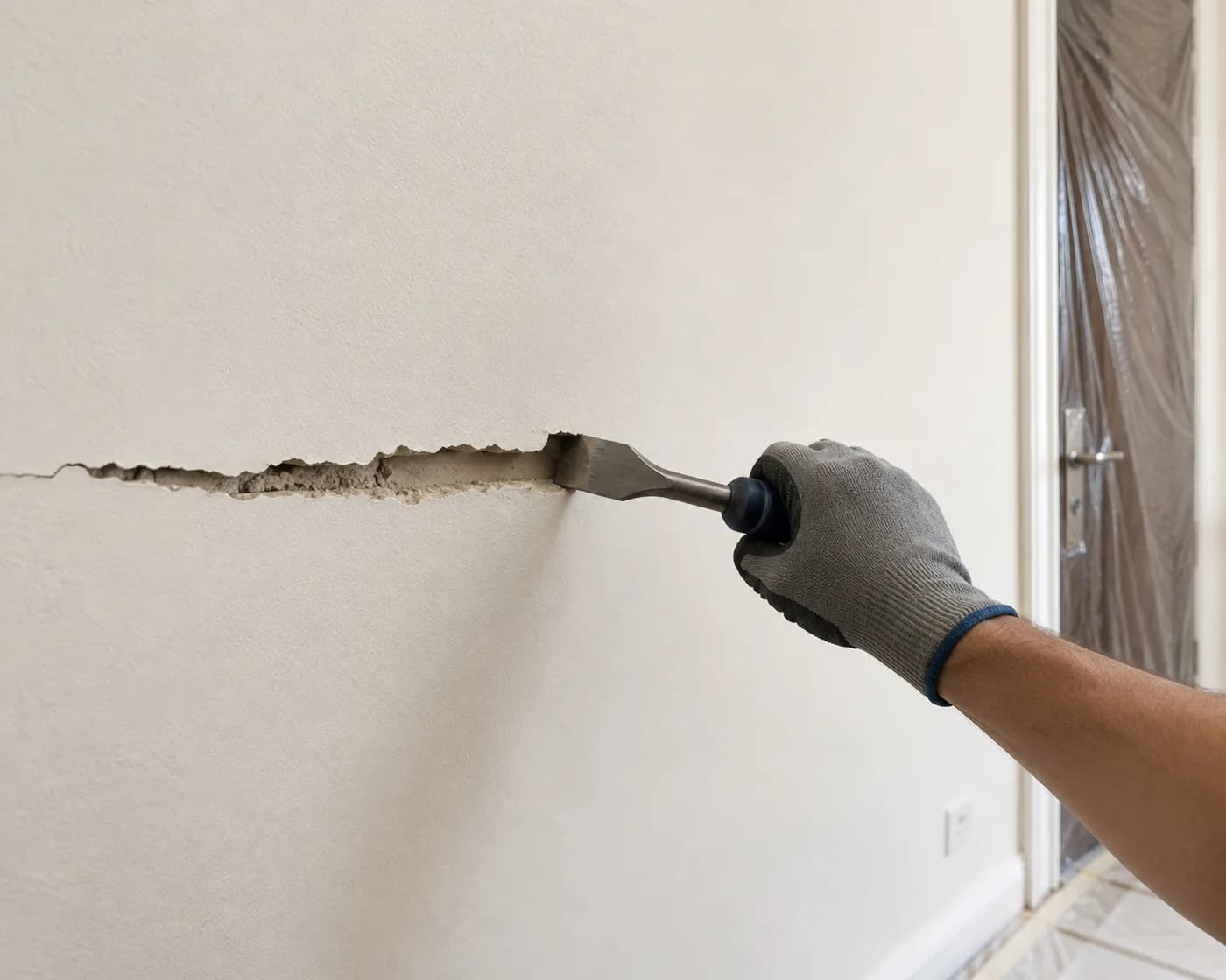 A gloved hand cutting a wall crack open along its length with a chisel
