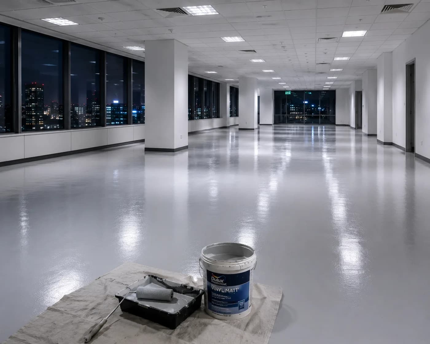 An empty office floor being painted at night with the city lit up through the windows