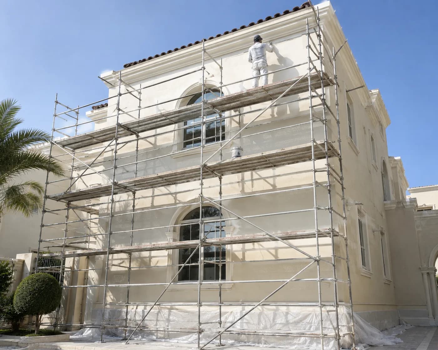 A TRAXICO painter working from scaffold on a villa elevation with the ground sheeted below