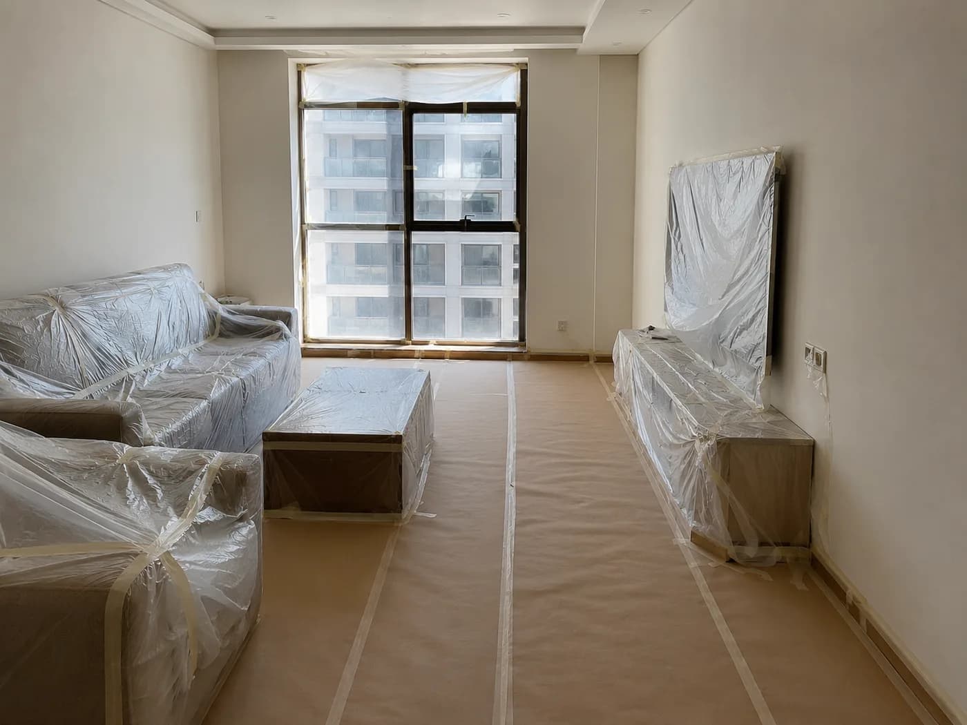 A Dubai apartment living room with the sofas wrapped in plastic and the floor papered and taped before painting starts