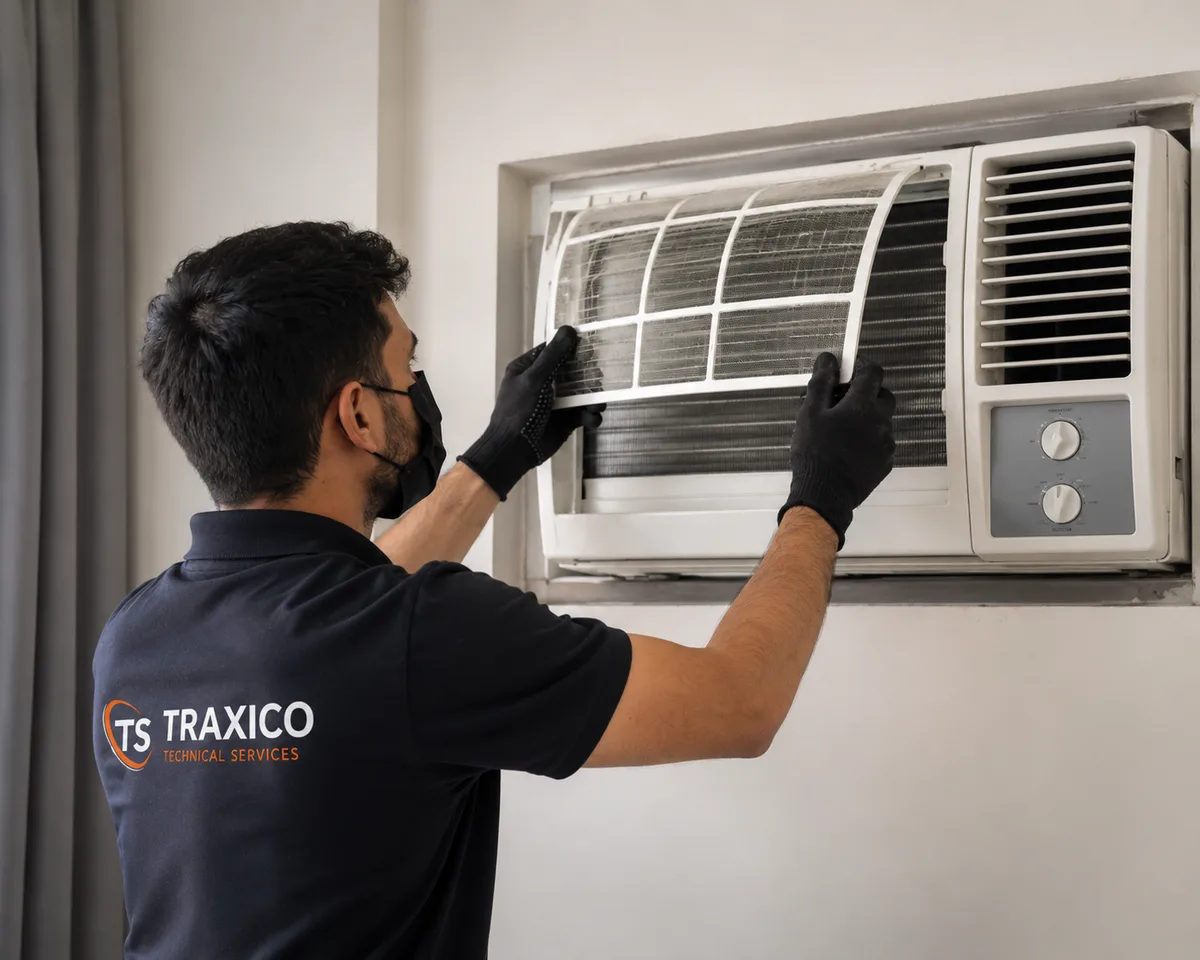 A TRAXICO technician lifting the filter out of a window AC unit set into a wall