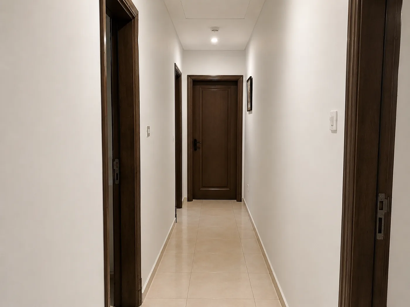 The same hallway in clean white with the doors and frames finished in dark brown