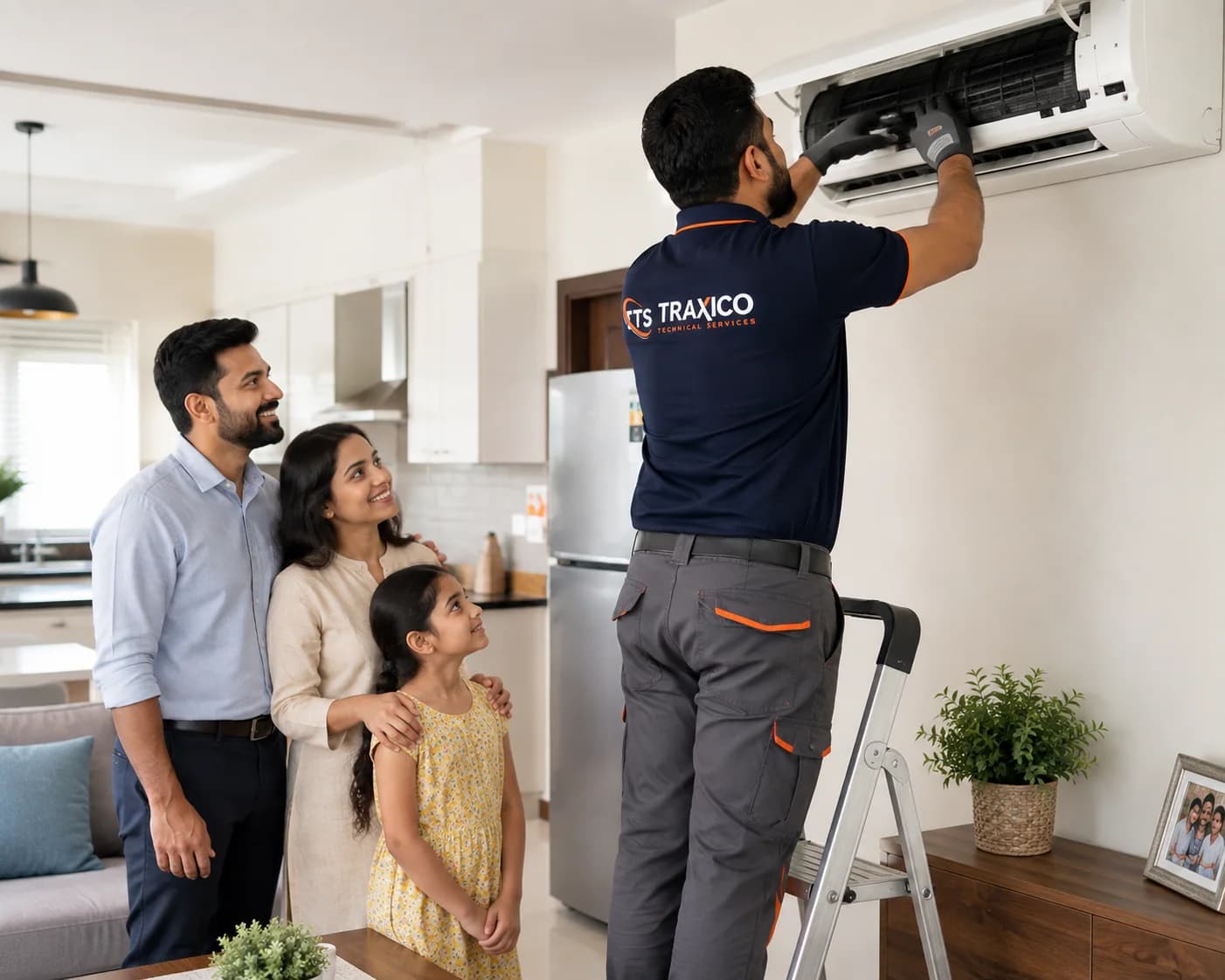 A TRAXICO technician servicing a wall-mounted split air conditioner in a Dubai apartment while the family watches