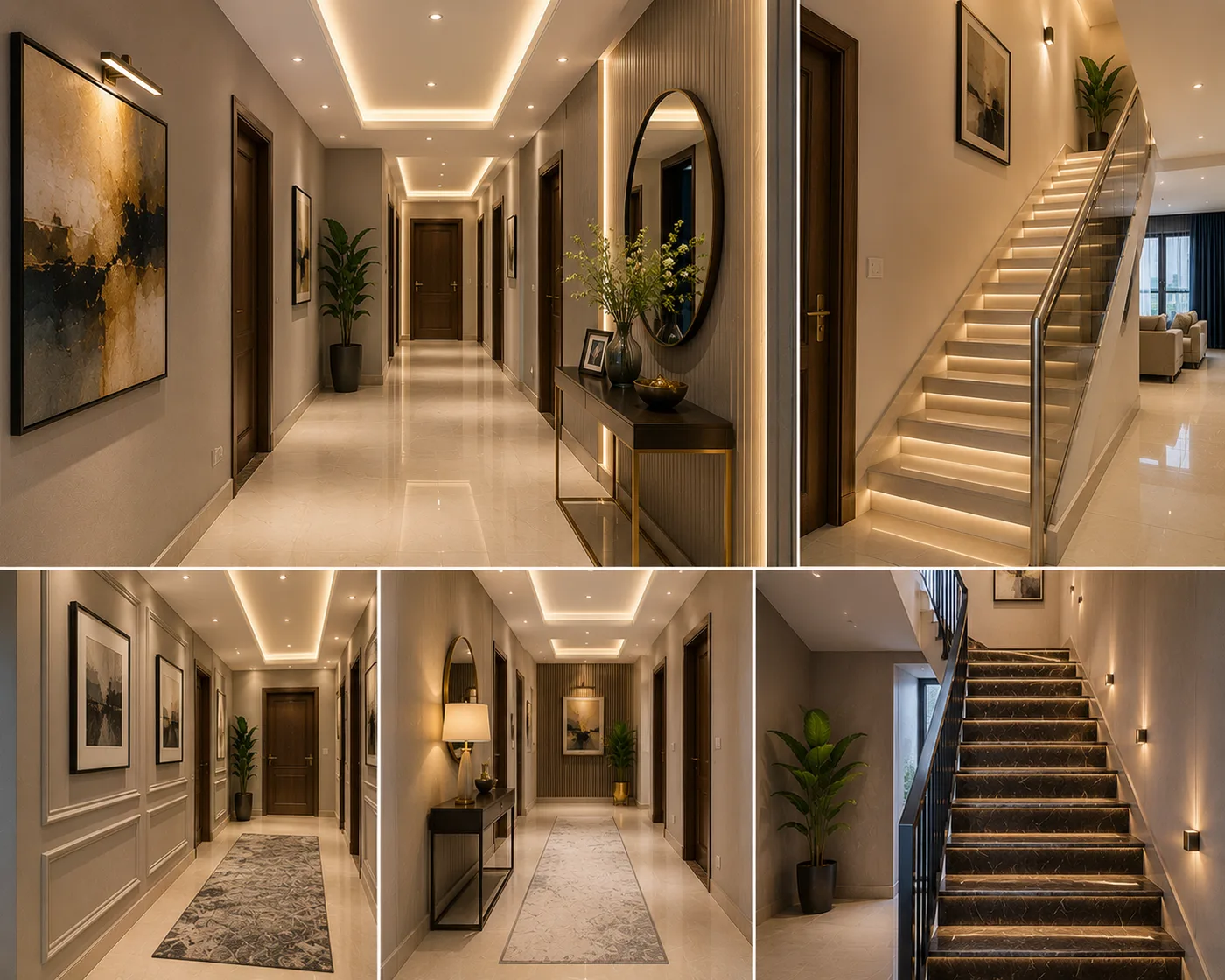 Finished hallways and staircases with painted walls, dark doors and lit skirting