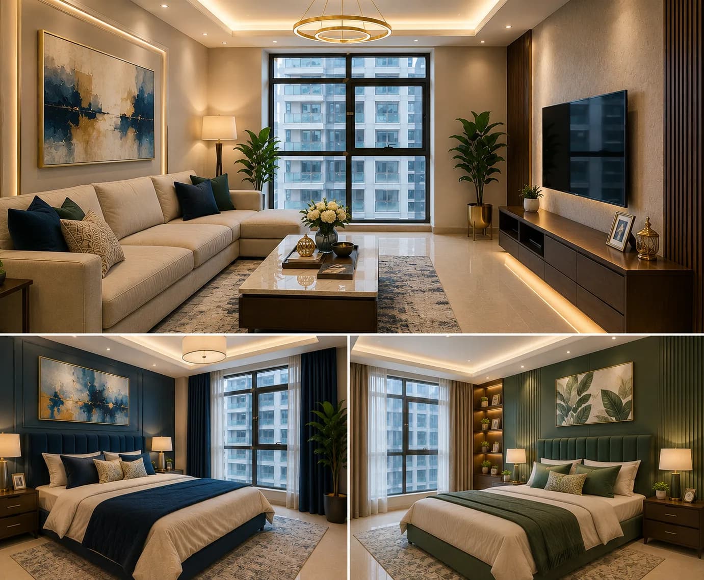 Finished living room and two bedrooms in warm neutral, deep blue and green wall colours