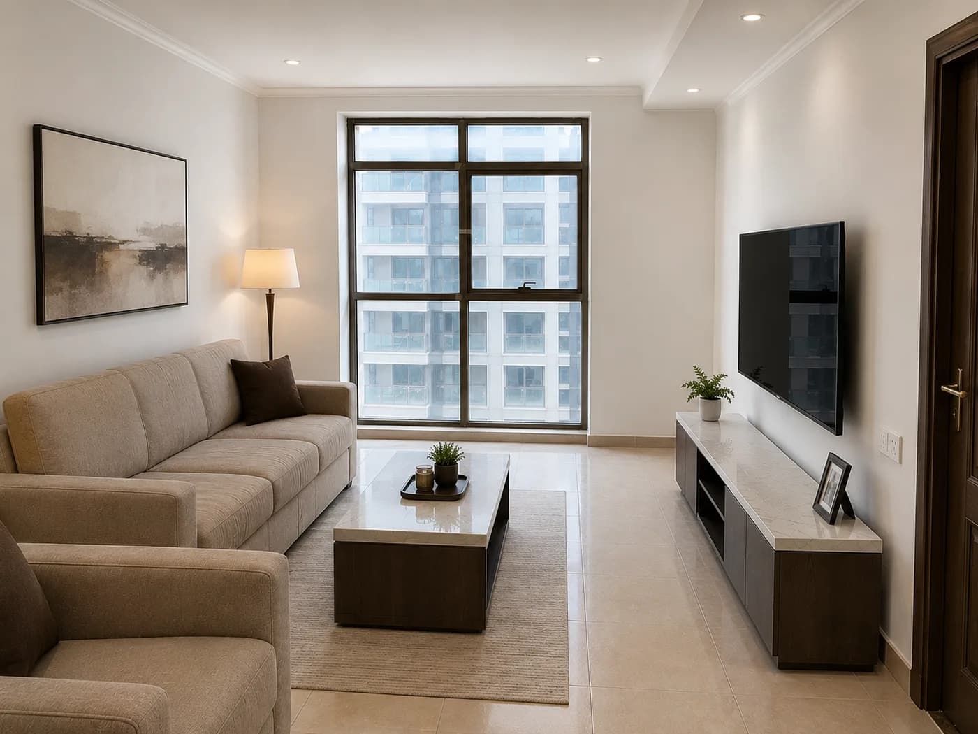 The same living room finished and put back, with the sofas, lamp and pictures returned